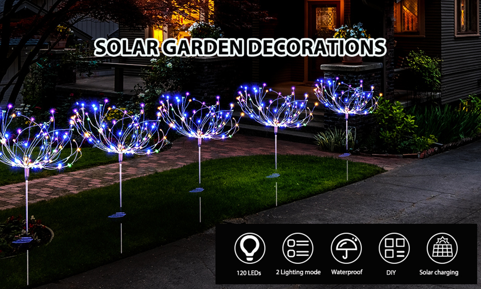 Up to Six Packs of Solar 120LED Firework Lights for Christmas Decorations