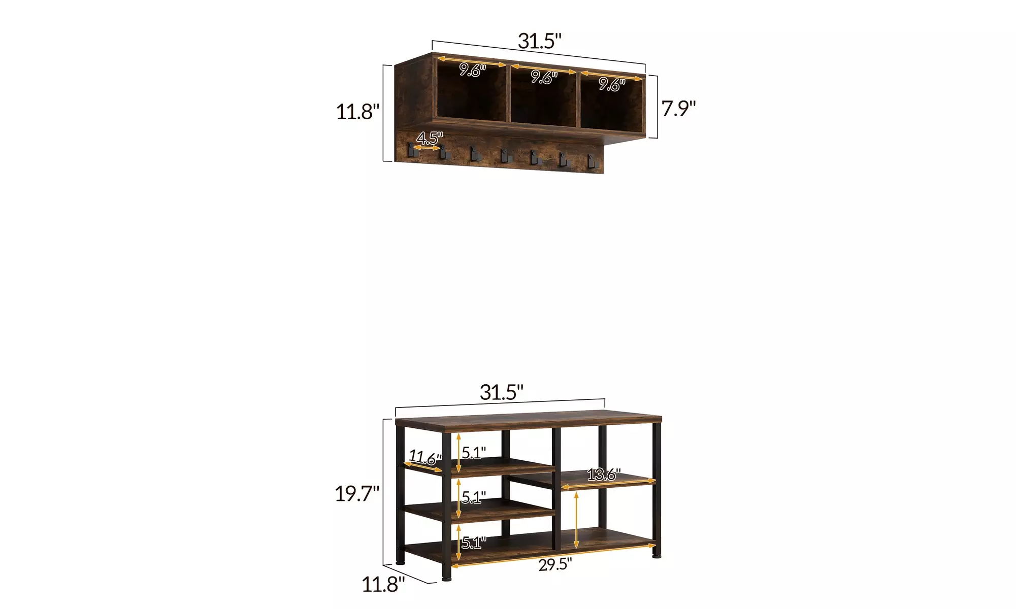Coat Rack Shoe Bench Set 3 Cubbies 7 Hooks for Entryway, Hallway, Living Room - Second Medium