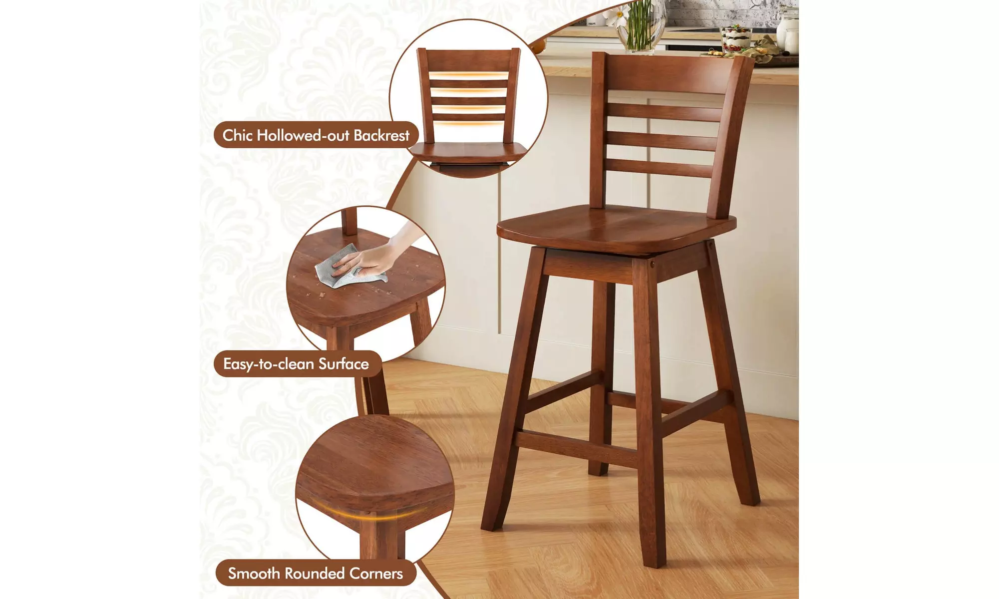 Costway 24.5" Counter Height Bar Chairs Swivel Bar Stools with Hollow Backrest