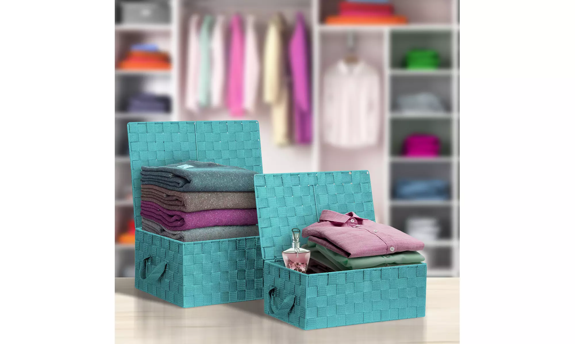 3-Pack Storage Box w/ Lid for Closet & Shelves - Woven Fabric Basket Organizer