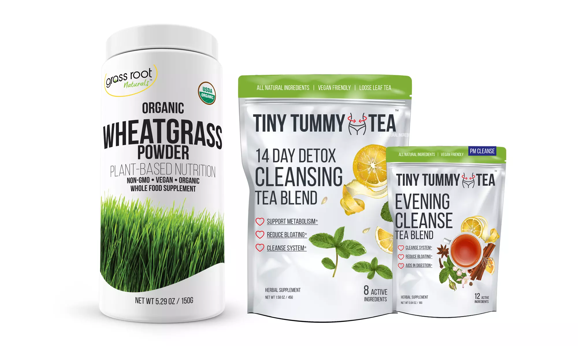 Tiny Tummy Tea AM/PM Detox Tea and Grass Root Naturals Wheatgrass Powder - Primary Image