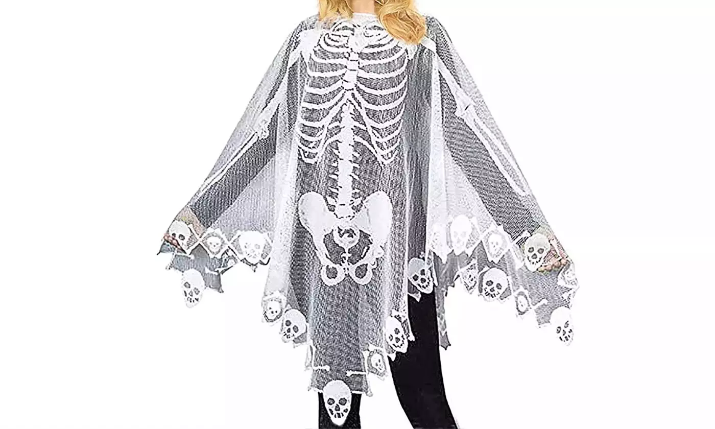 White Scarf Lace Skeleton Poncho Skull Spider Web Halloween Party Costume Decor