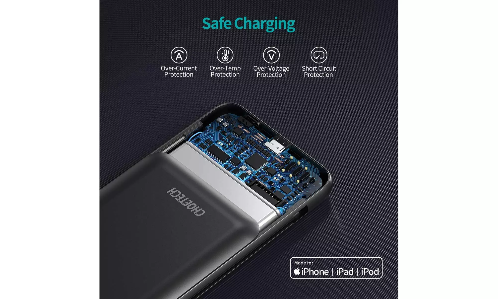 CHOETECH Power Bank with Built-in USB-C and Lightning Cables 10,000 mAh Charger