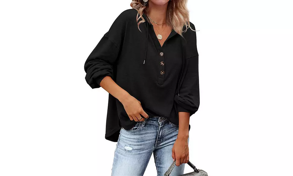 Women Drawstring V Neck Long Sleeve Henley Shirts Button Hoodies Tunic Tops