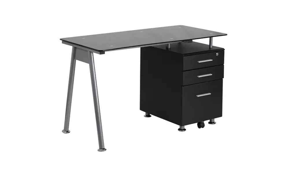 Black Glass Computer Desk with Three Drawer Pedestal - Primary Image