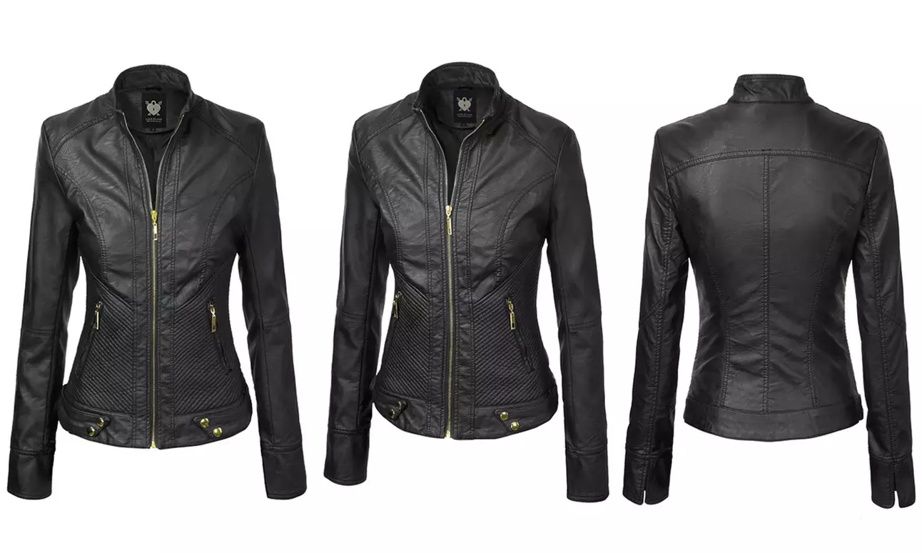 Made By Johnny Womens Faux Leather Zip Up Moto Biker Jacket