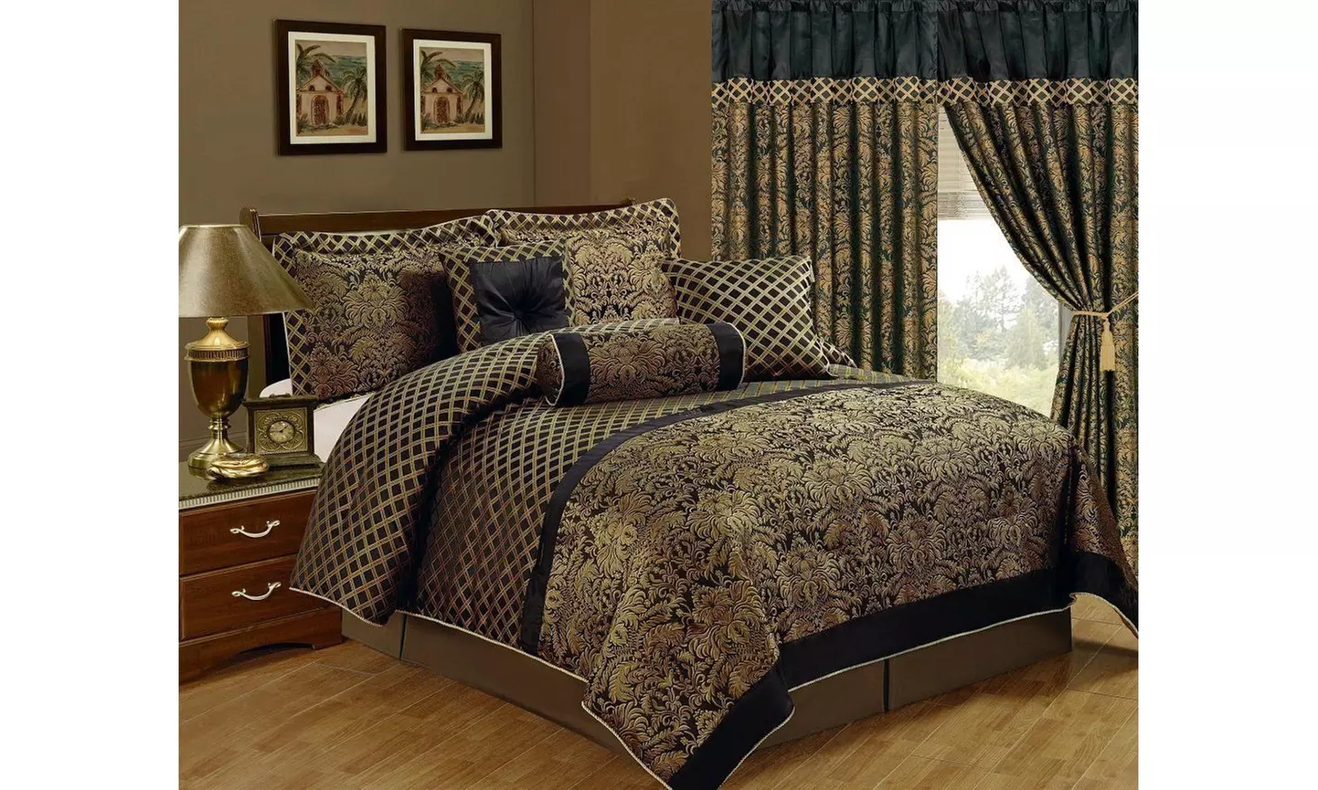Chezmoi Collection Lisbon Gold Black 7-Piece Jacquard Floral Comforter Set - Primary Image