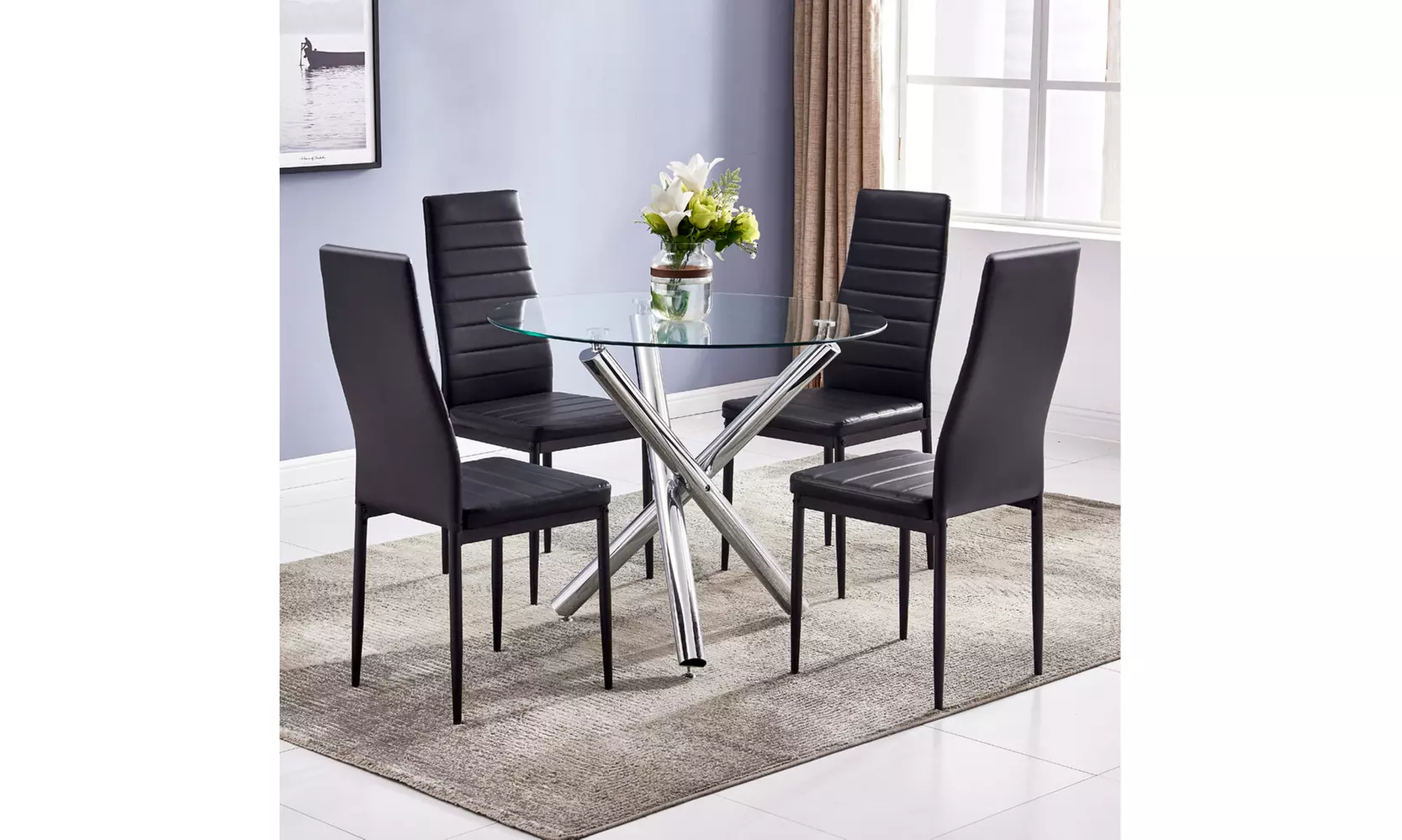 5 Pieces Round Glass Dining Table Transparent Glass Table with 4 Chairs - Primary Image