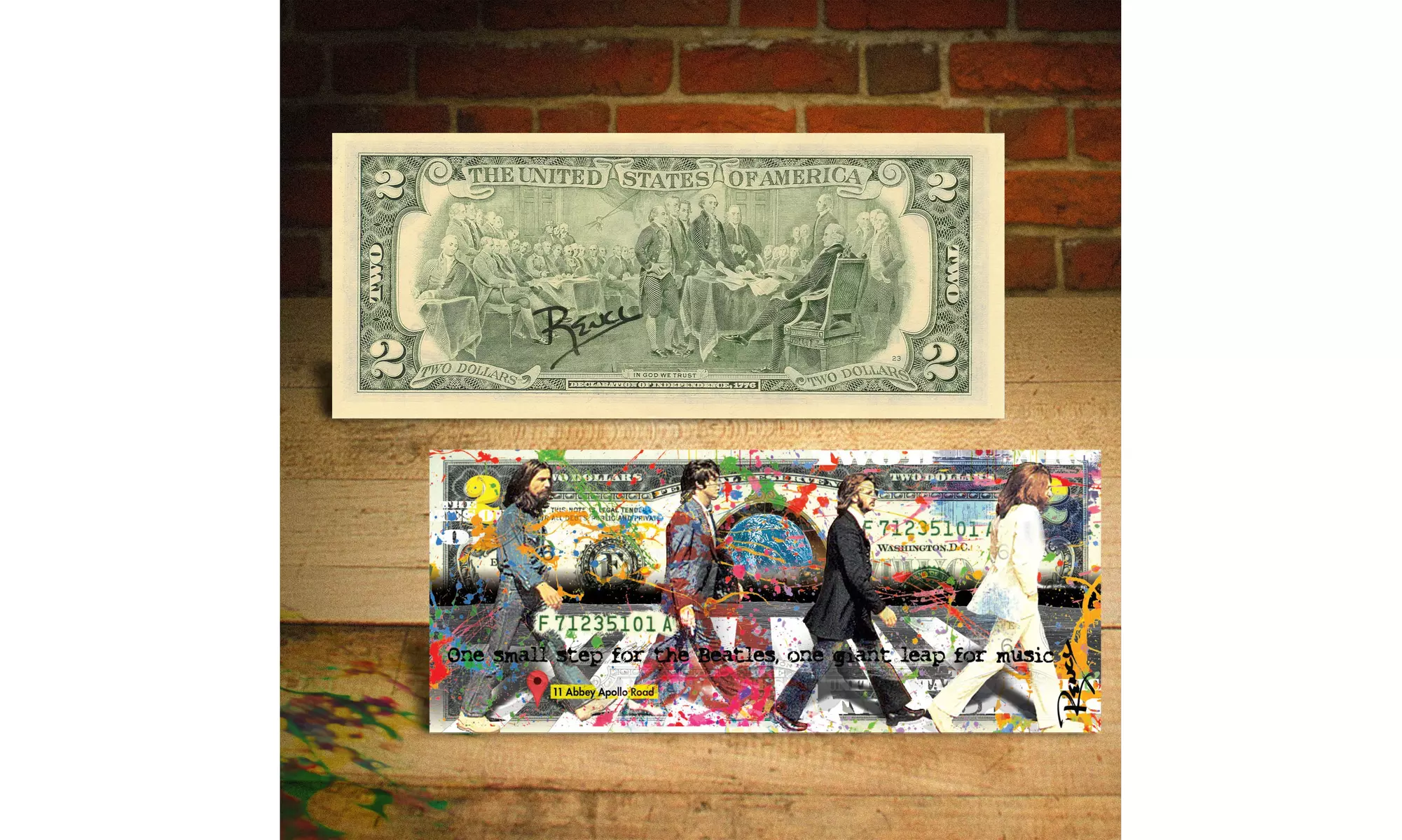 THE BEATLES Abbey Road Apollo 11 1st Man on Moon Two-Dollar Bill Hand-Signed - Primary Image