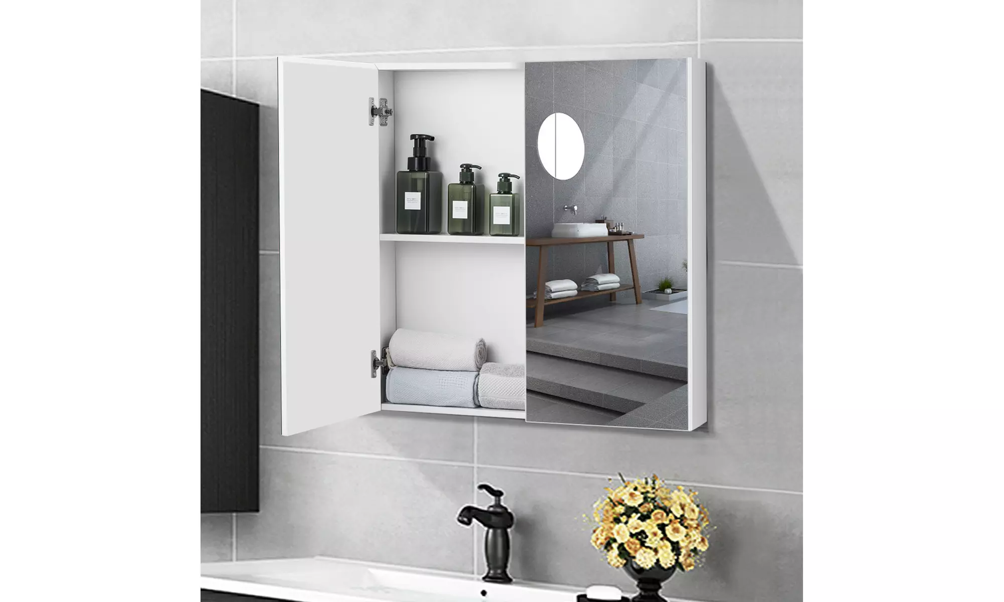 Bathroom Cabinet Medicine Cabinet Wall Mount Double Door with Shelf and Mirror - Primary Image