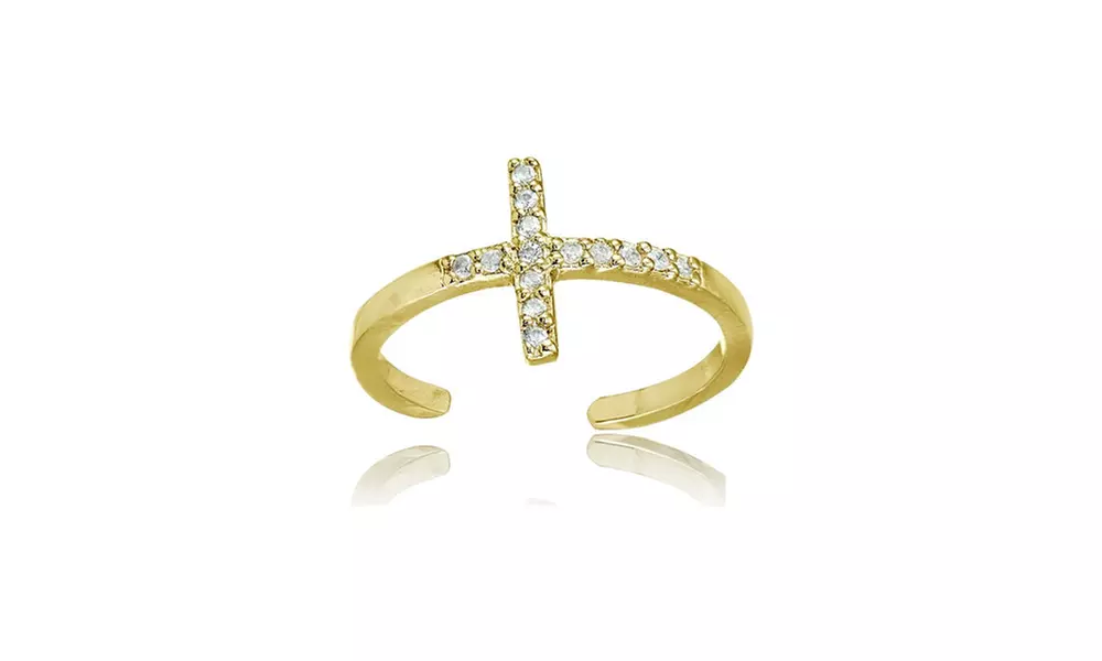 Yellow Gold Flashed Sterling Silver Cubic Zirconia Sideways Cross Toe Ring - Primary Image
