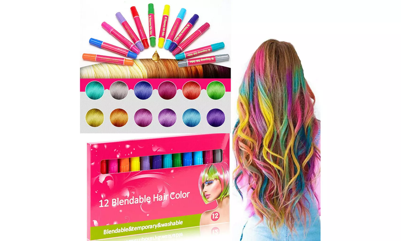 12Pcs Disposable Hair Color Dye Fluorescent Crayons Hair Temporary Coloring Pen - Primary Image