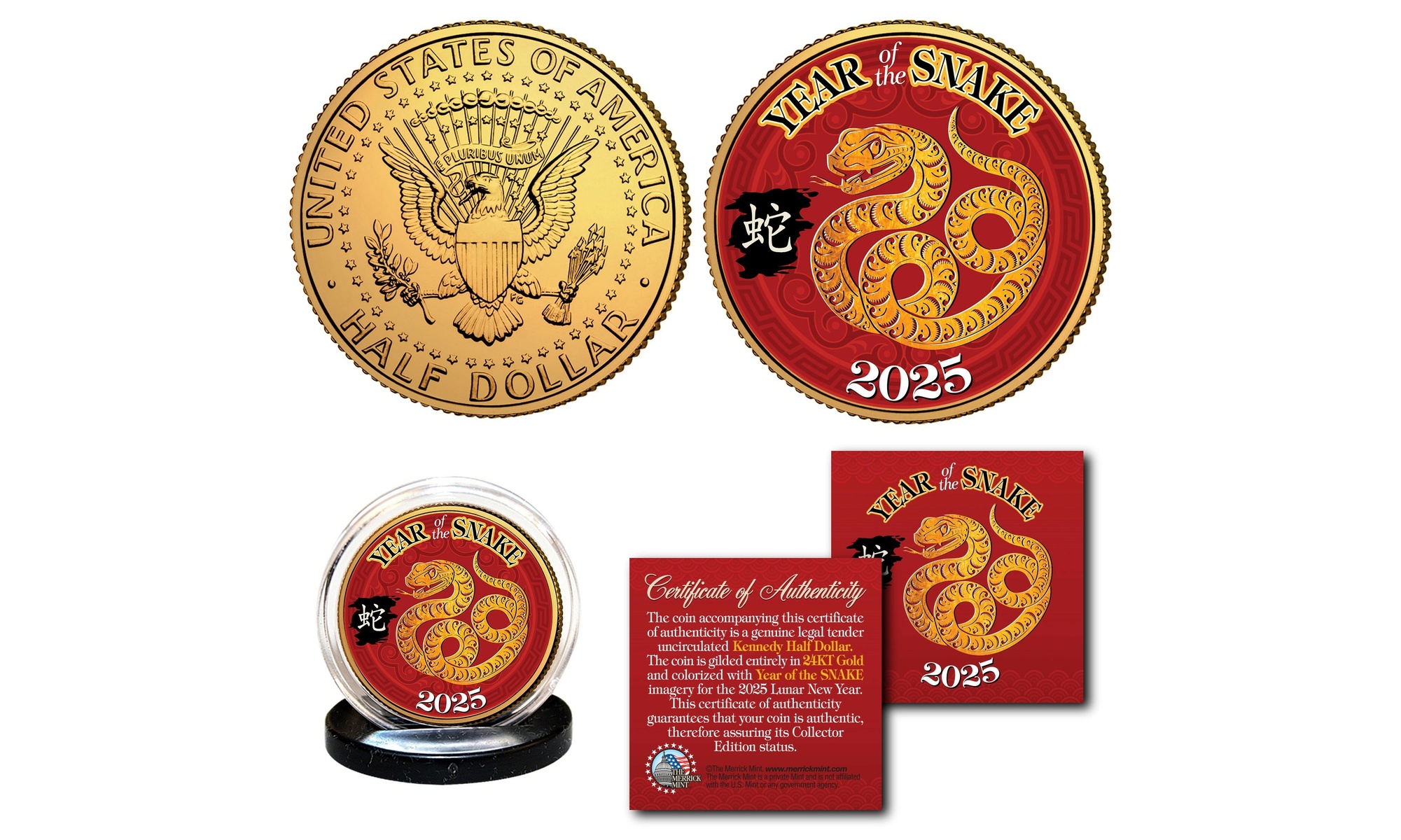 2025 Chinese New Year of the SNAKE 24K Gold Plated JFK Half Dollar Coin w/ stand