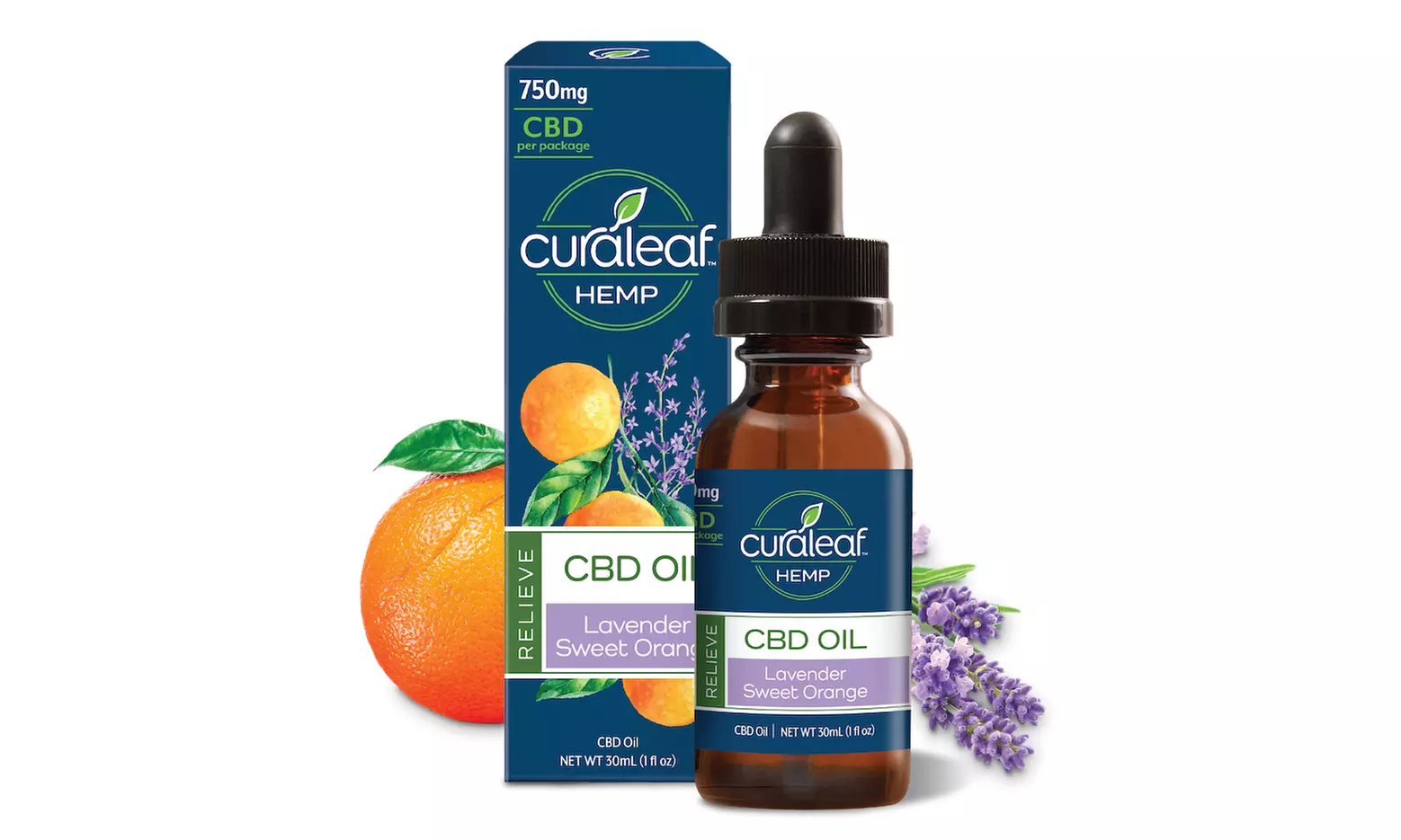 CBD Oil Drops Lavender Sweet Orange  Relieve Tincture by Curaleaf 750mg - Primary Image