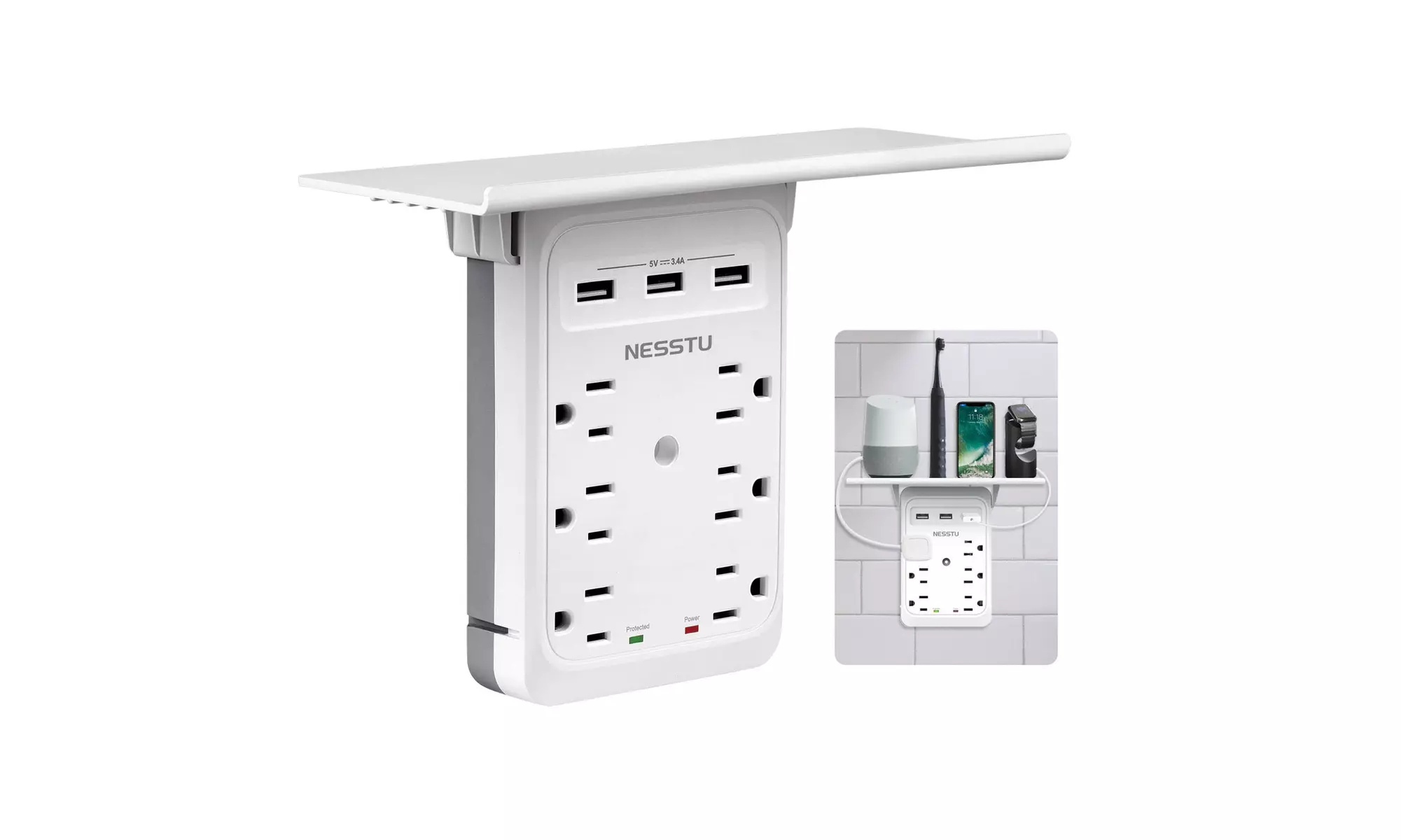 Socket Outlet Shelf Surge Protector, NESSTU Multi Electrical Wall Outlet, 6 in 1 - Primary Image