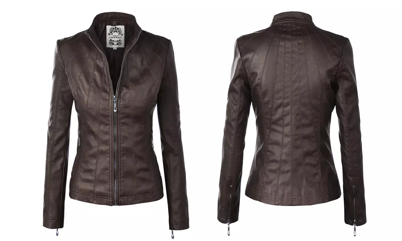 Made By Johnny Womens Faux Leather Zip Up Moto Biker Jacket