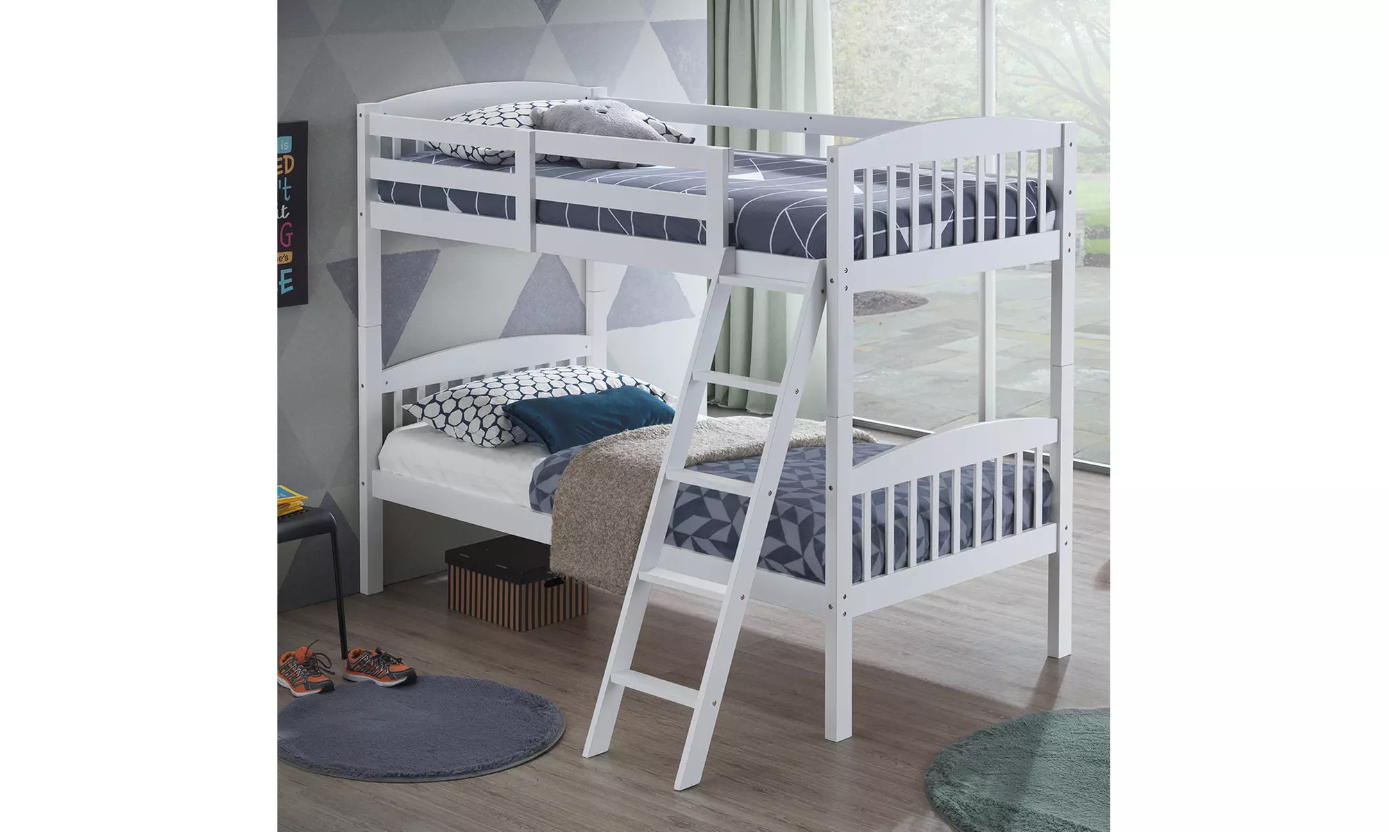 Wood Hardwood Twin Bunk Beds Convertible into 2 Individual Kid Bed Ladder White - Primary Image