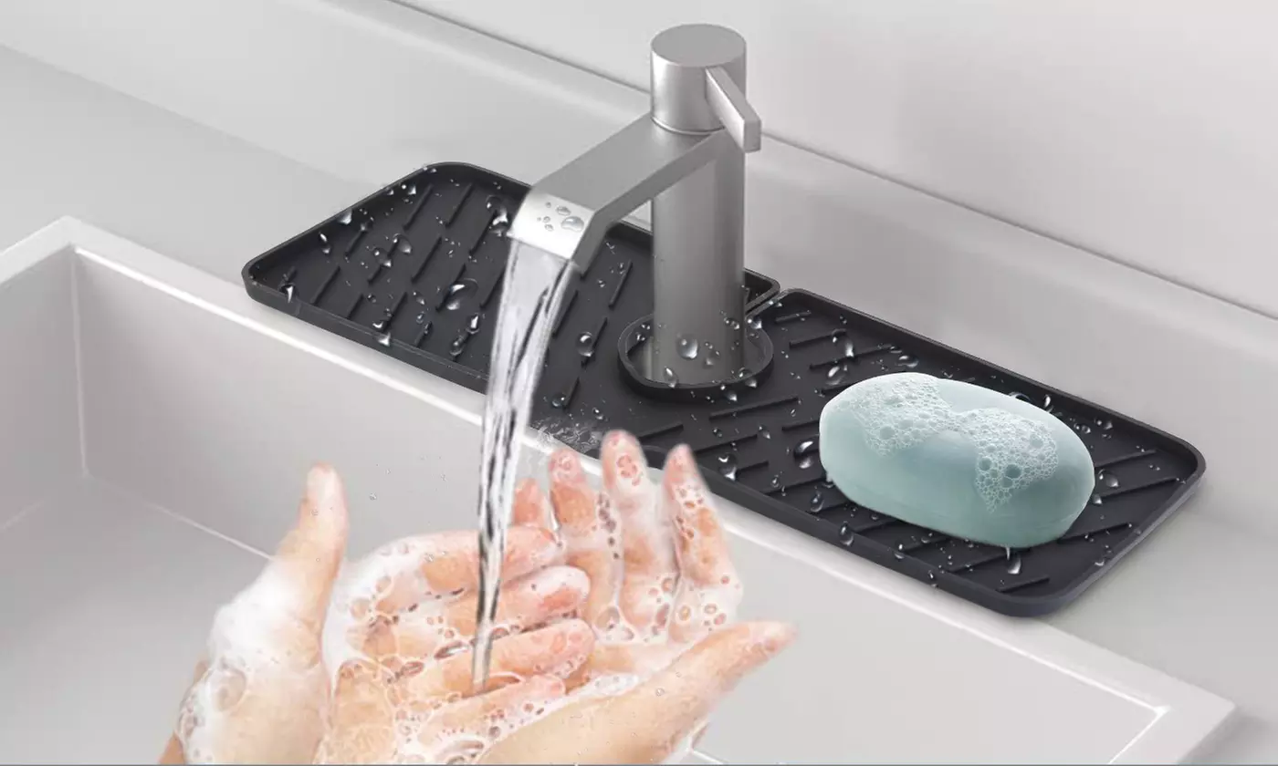 NewHome Silicone Faucet Mat Sink Splash Guard & Drying Pad with Drainage