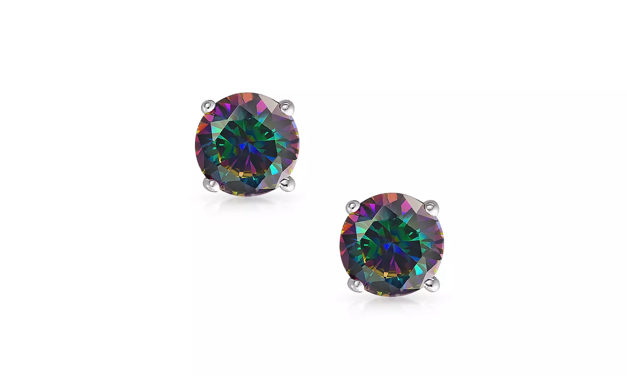 Round Brilliant Cut Simulated Rainbow Topaz CZ Stud Earrings 925 Silver (9mm) - Second Medium