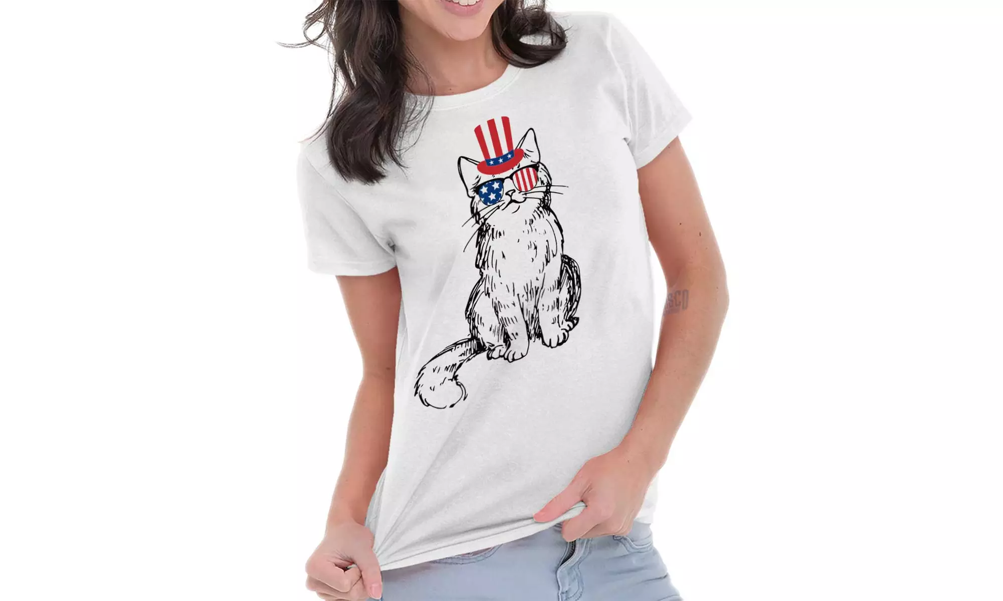 Cute Patriotic American Cat Funny Pet Owner Ladies T Shirt - Primary Image