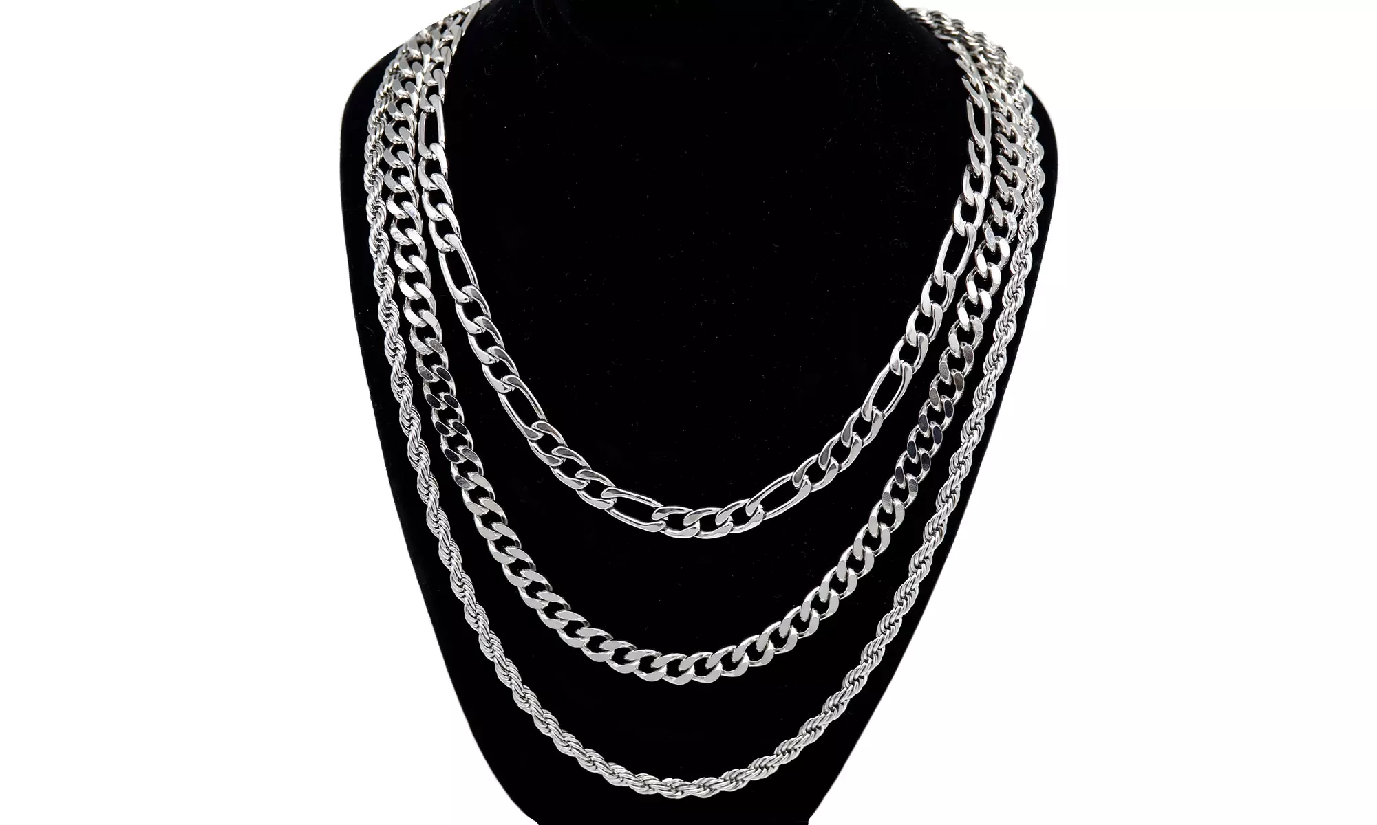 Set of 3 Men's 20" , 22" and 24" Layered Chain Set ( Rope , Figaro , Cuban )  - Second Medium