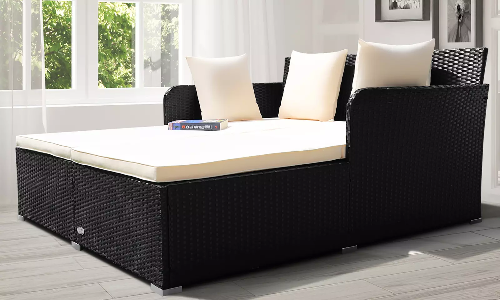 Costway Outdoor Patio Rattan Daybed Pillows Cushioned Sofa Furniture