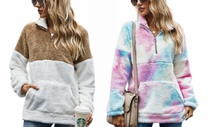  Women Fuzzy Sherpa Sweatshirt Tie Dye Print Long Sleeve Zipper Fleece Pullover