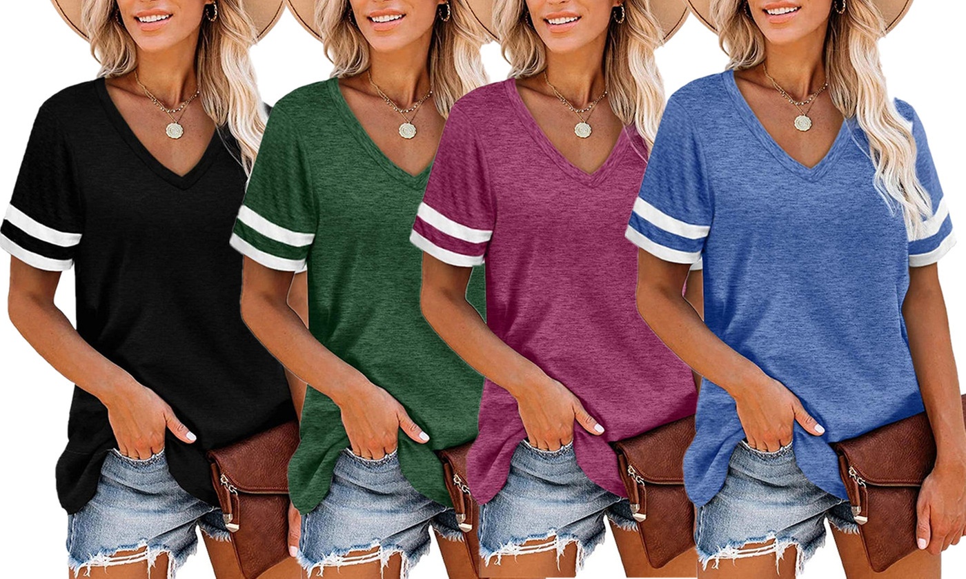 Womens V Neck Short Sleeve Striped T Shirt Color Block Tunic Blouse Tops