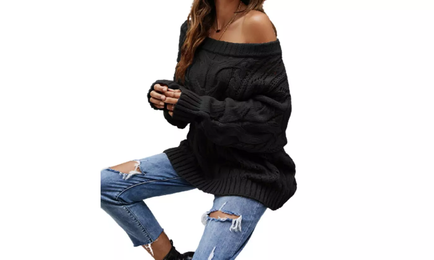 Women's Off-Shoulder Pullover Sweater Oversize Batwing Sleeve Sweaters