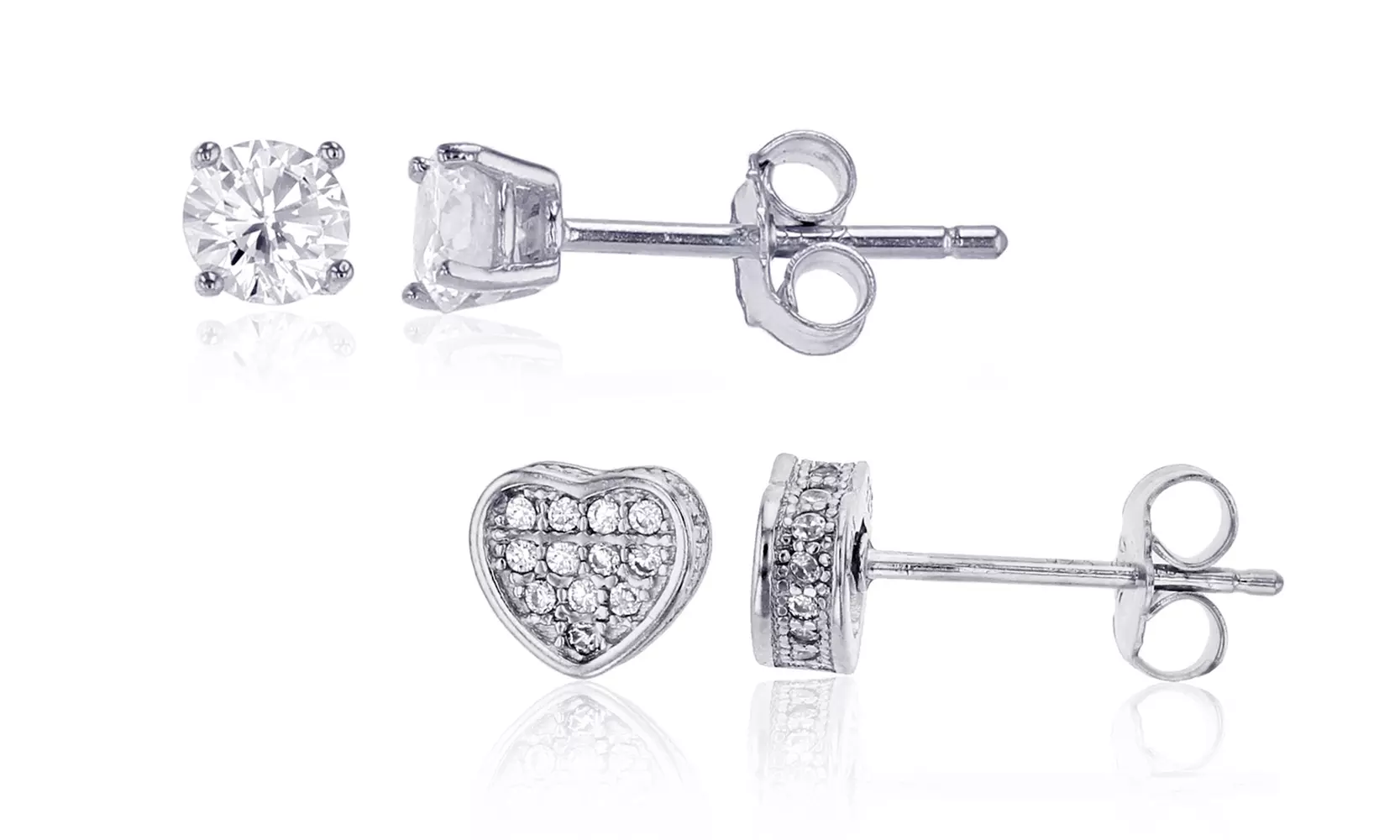 Sterling Silver Heart and 4mm Rd Solitaire Stud Set - Primary Image