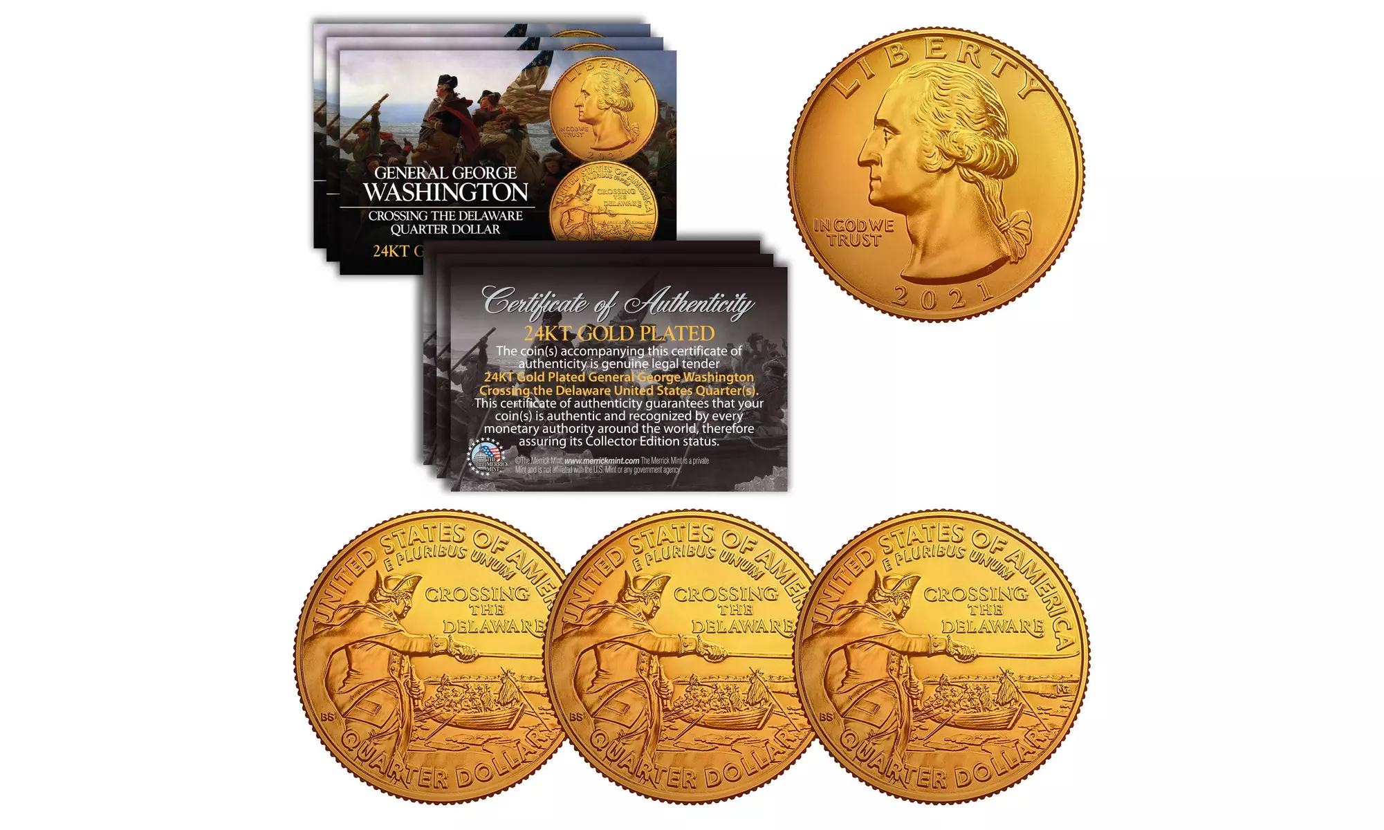 2021 Washington Crossing the Delaware Quarter Genuine Coin 24K GOLD PLATED QTY 3