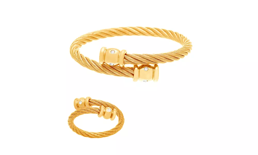 Gold-Tone Stainless Steel Twist Texture CZ Bezel Bangle and Ring Set - Primary Image