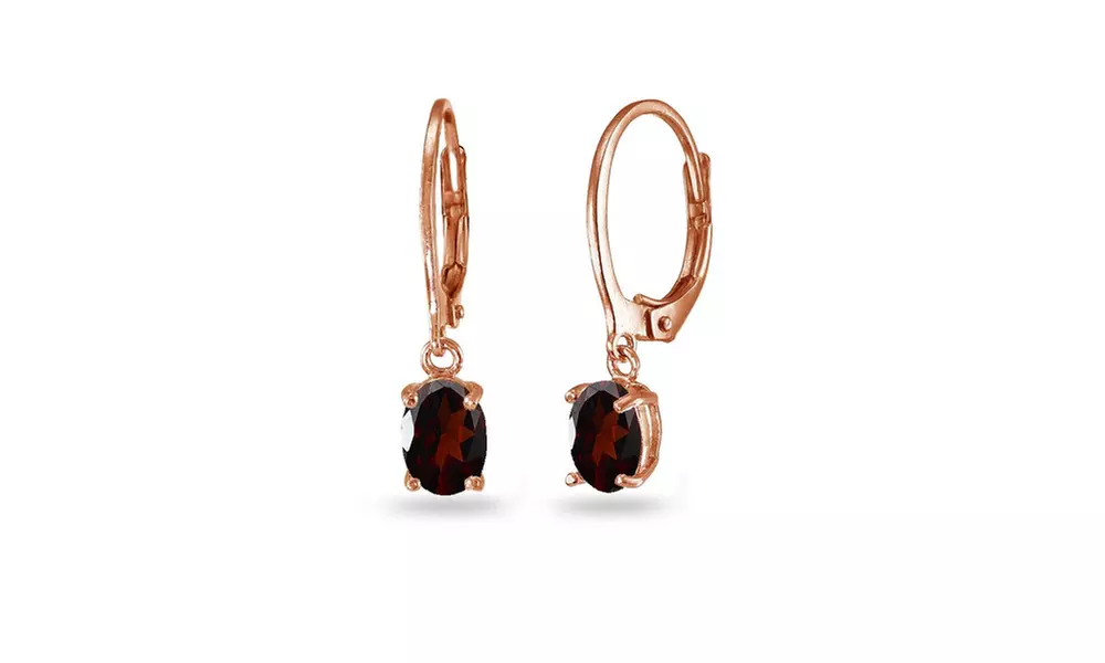 Rose Gold Flashed Sterling Silver Garnet 7x5mm Oval Dangle Leverback Earrings