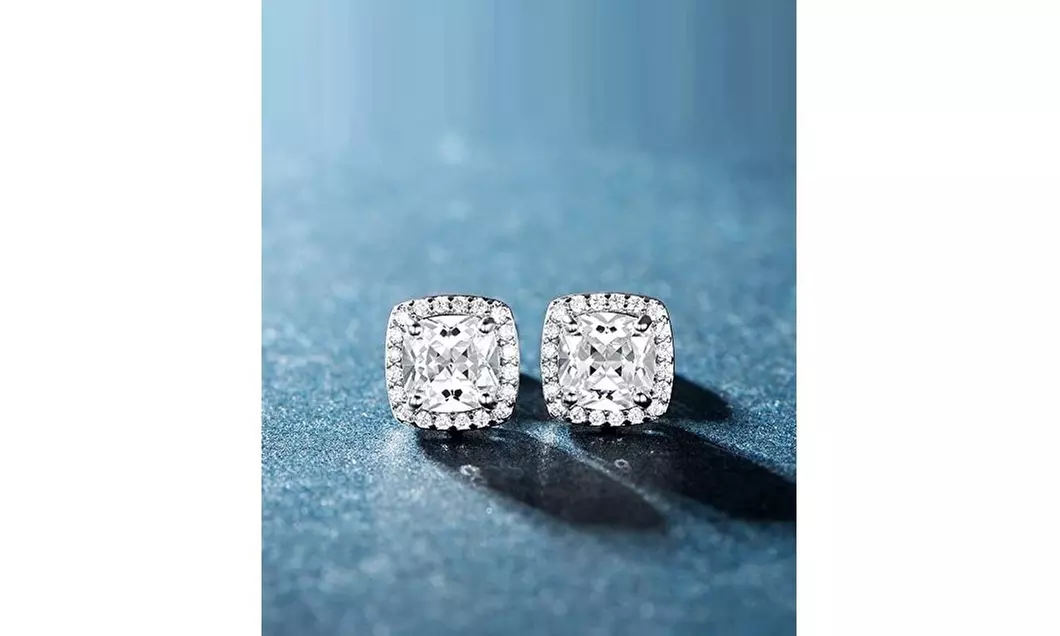 Sterling Silver Cushion Cut Halo Studs With Crystals From Swarovski