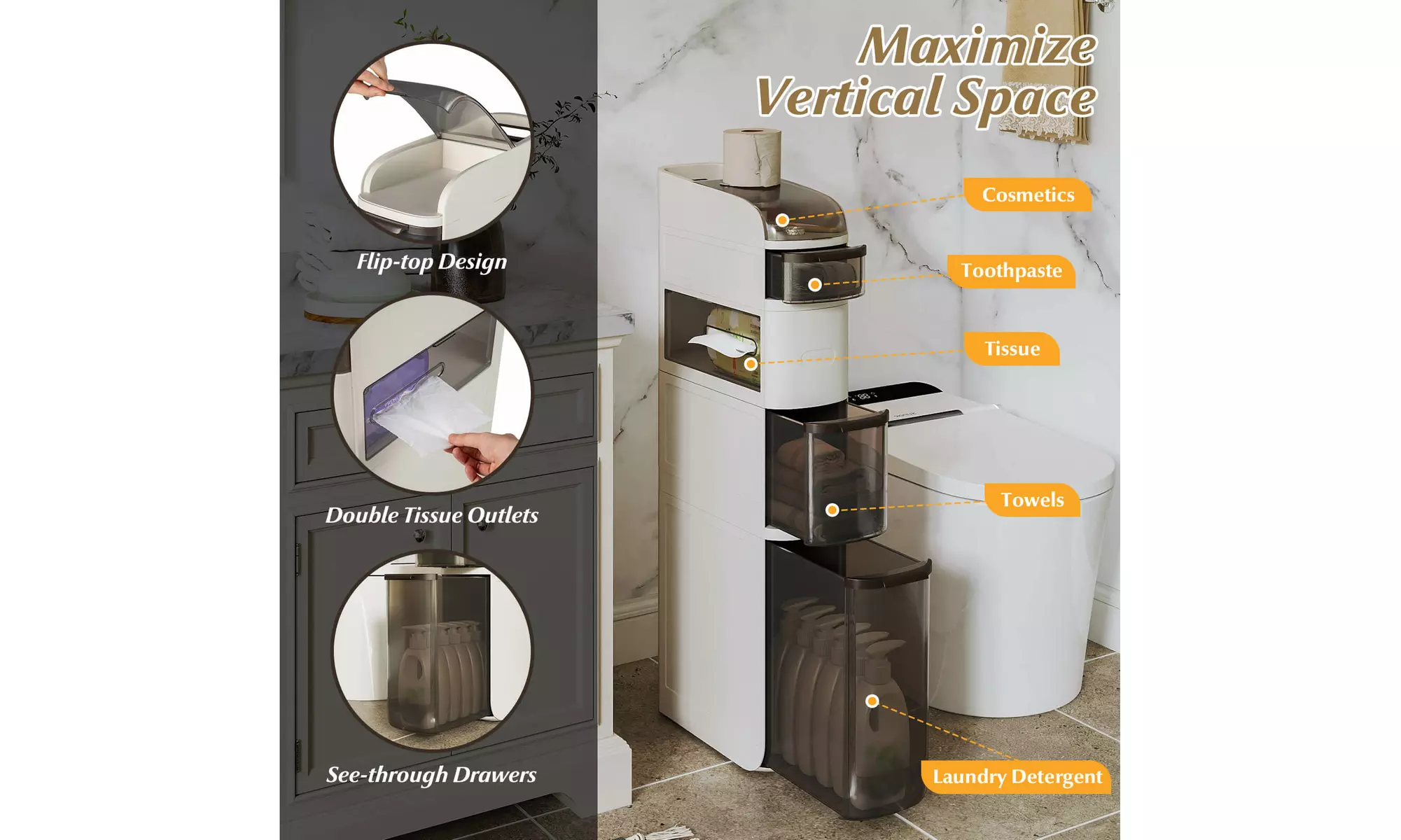 Costway Narrow Bathroom Storage Cabinet with Drawers Tissue Box Wheels