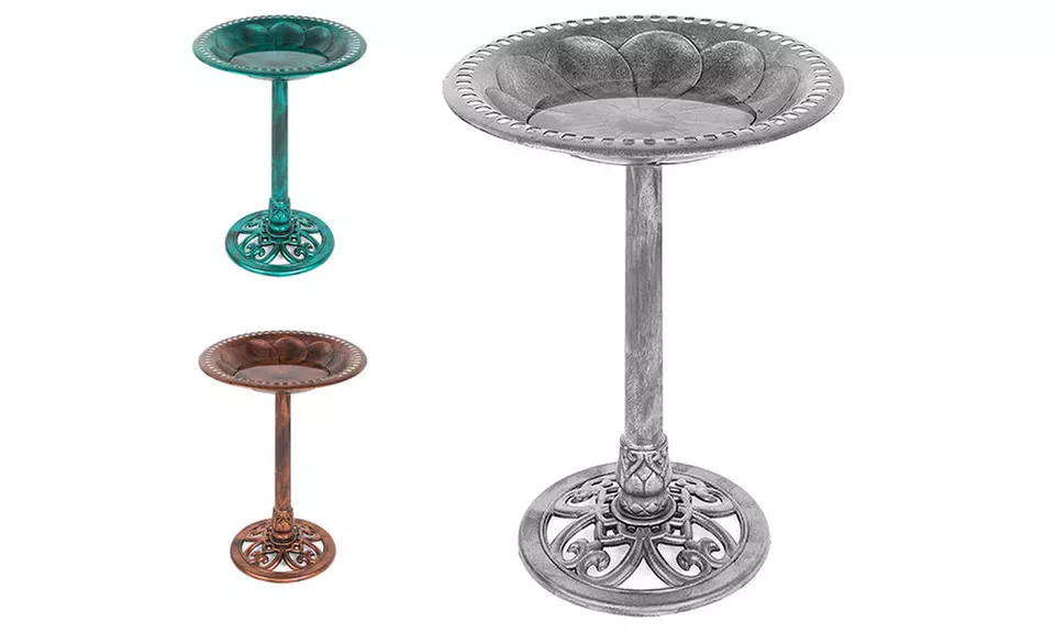 Vintage Outdoor Resin Pedestal Bird Bath Decoration w/Fleur-de-Lis Accents - Primary Image