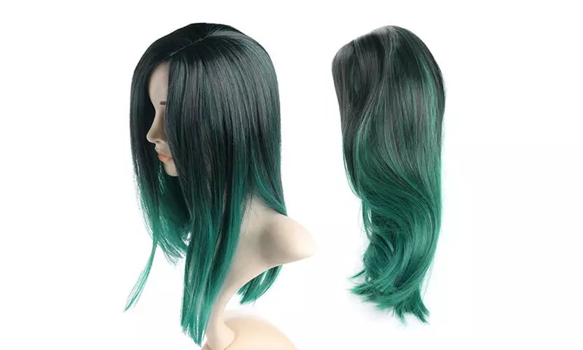 Women Mixed Black Green Centre Parting Straight Hair Cosplay Party Full Wig - Primary Image