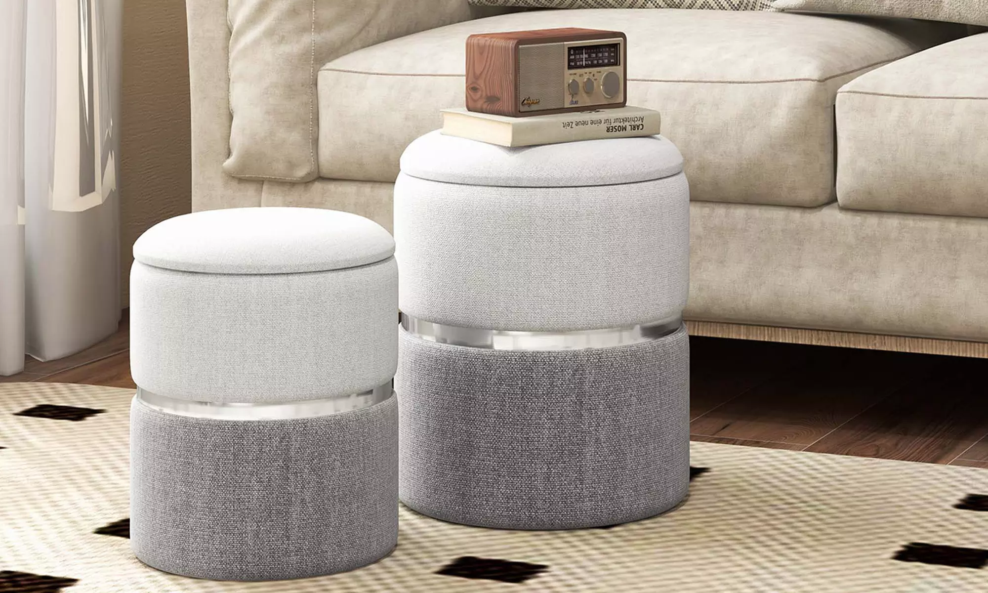 Costway Two-Set Round Linen Ottomans Modern Design with Hidden Storage - Primary Image