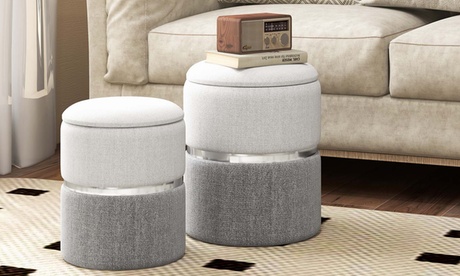 Costway Linen Fabric Storage Ottoman Set Of 2 Modern Round Ottoman With Storage