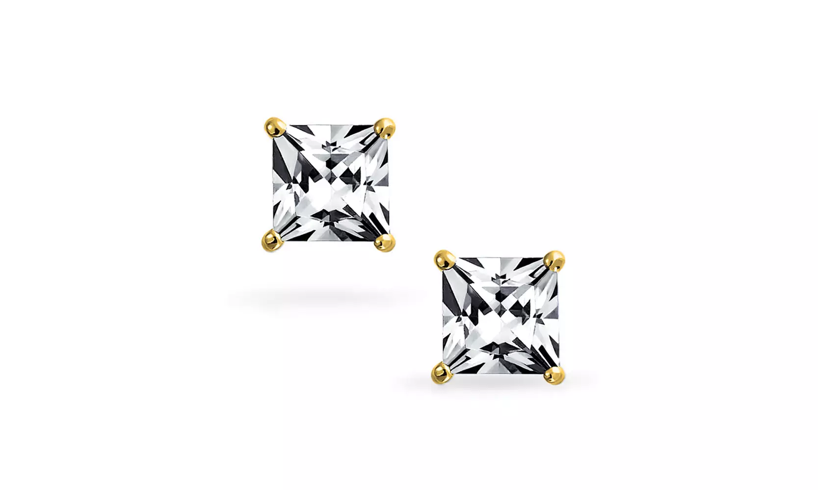 Unisex Square CZ Princess Cut Stud earrings Gold Plated 925 Sterling Silver 8mm - Second Medium