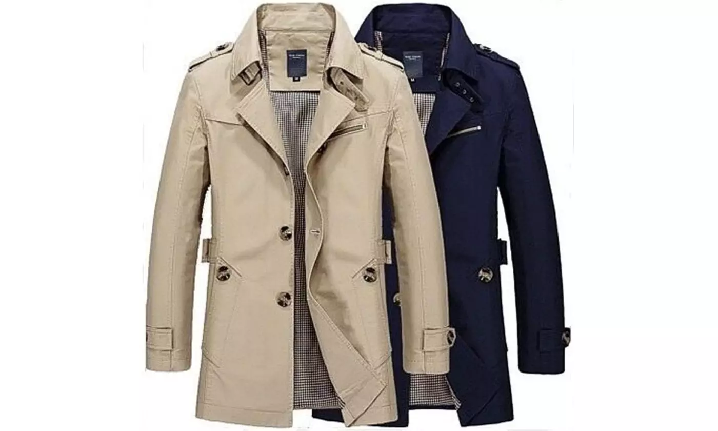 Men's Notched Collar Long Trench Wind Slim Fit Lightweight Parka Jackets Top - Primary Image