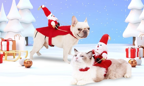 Pet Christmas Costume With Santa Claus On Sleigh & Bell For Dogs & Cats L