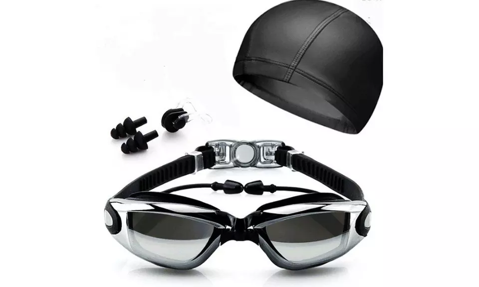 Swimming GOGGLES Glasses UV Protection Anti Fog Swim CAP Ear Nose PLUGS Pool SET - Primary Image