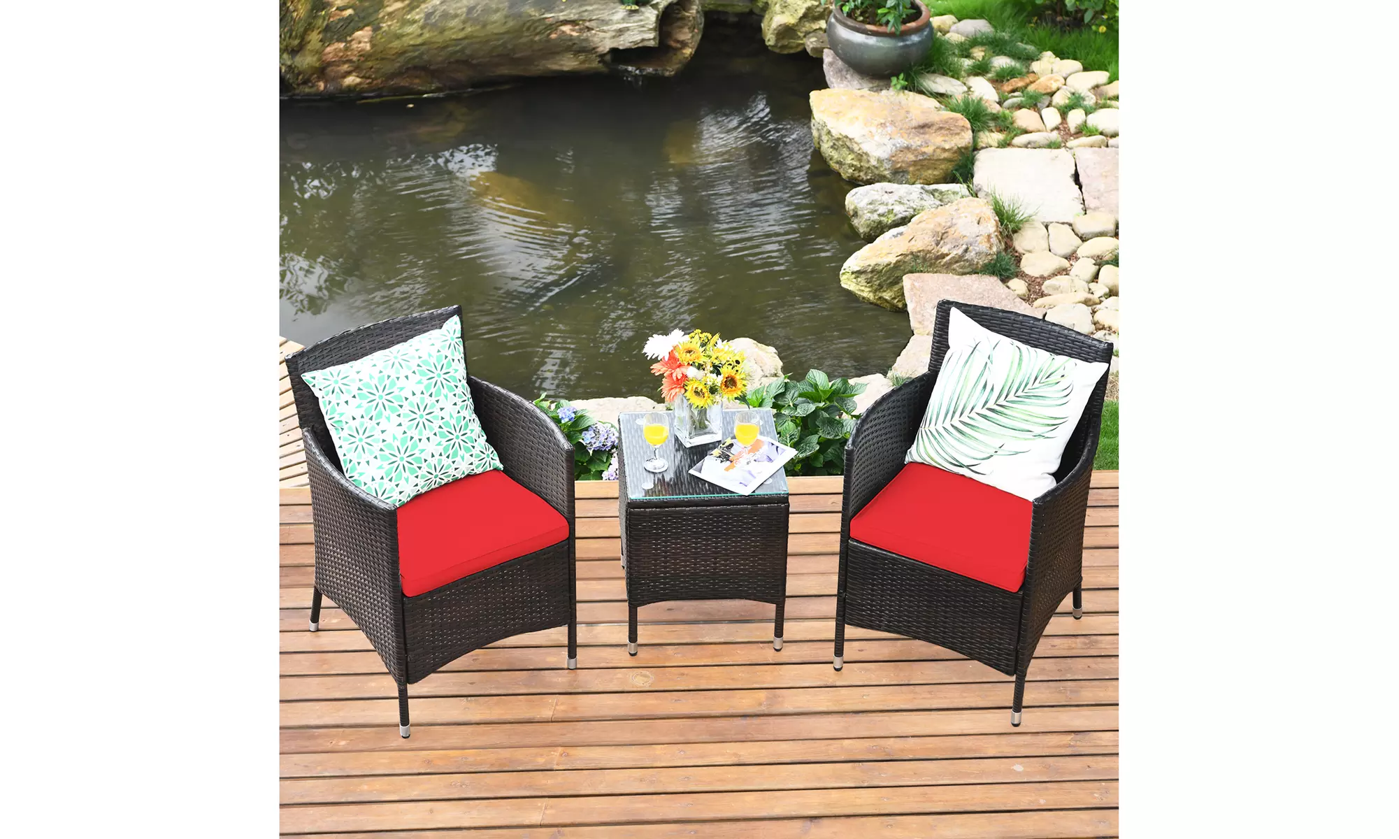 Costway Outdoor 3 PCS PE Rattan Wicker Furniture Sets Chairs Coffee Table Garden