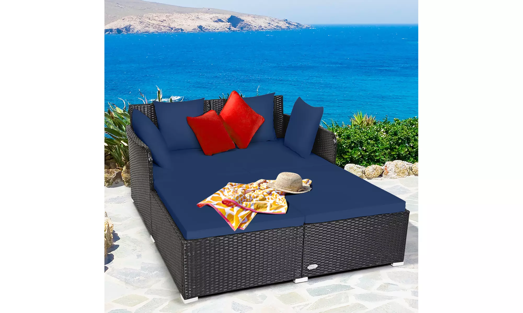 Costway Outdoor Patio Rattan Daybed Pillows Cushioned Sofa Furniture