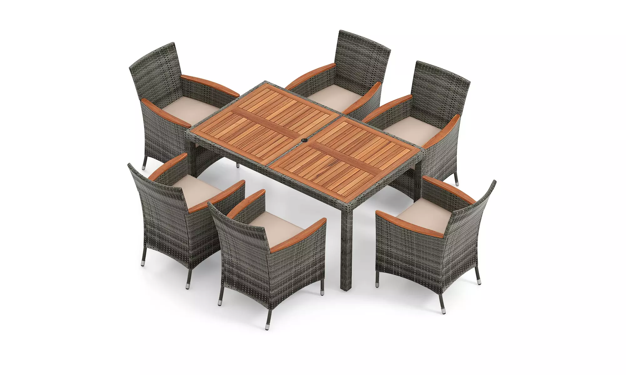 Costway 7 Pieces Outdoor Wicker Dining Set with Acacia Wood Table and 6 Chairs