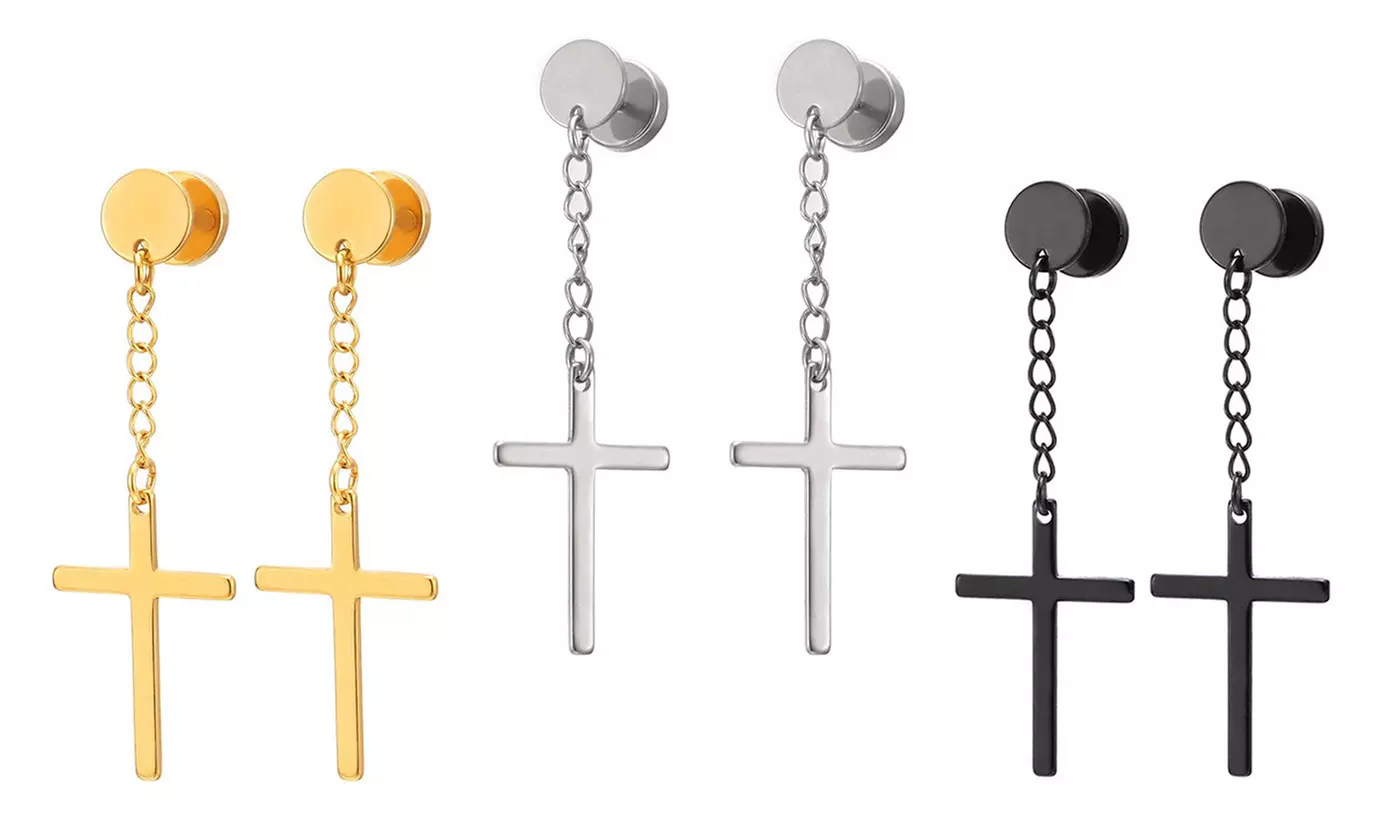 Men's Hypoallergenic Stainless Steel Cross Drop Dangle Hoop Earrings - Primary Image