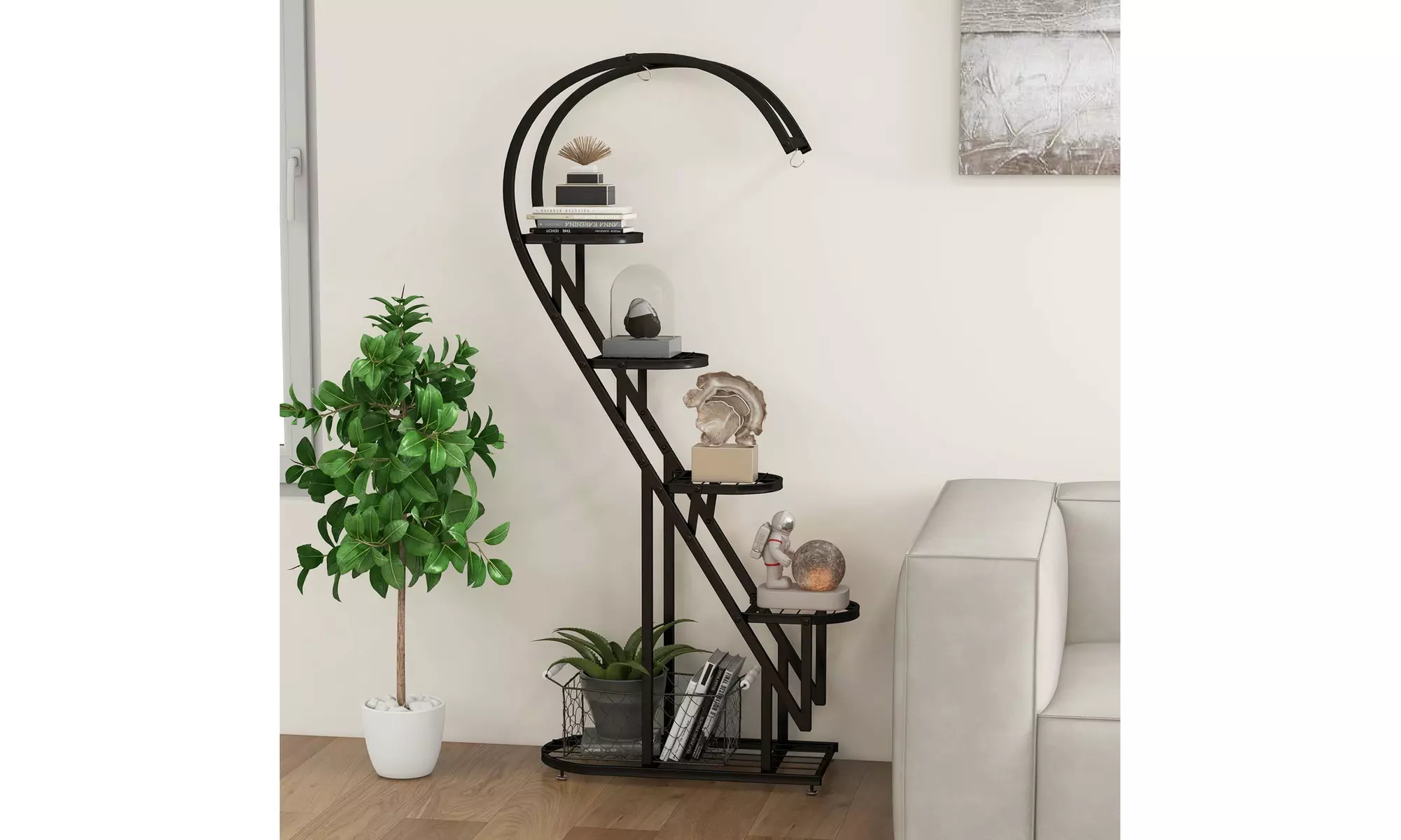 5 Tier Metal Plant Stand Heart-shaped Shelf w/ Hanging Hook for Multiple Plants