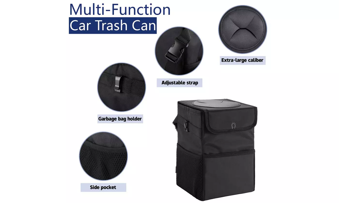 Leak-Proof Hanging Car Trash Can Garbage Can with Lid and Storage Pockets