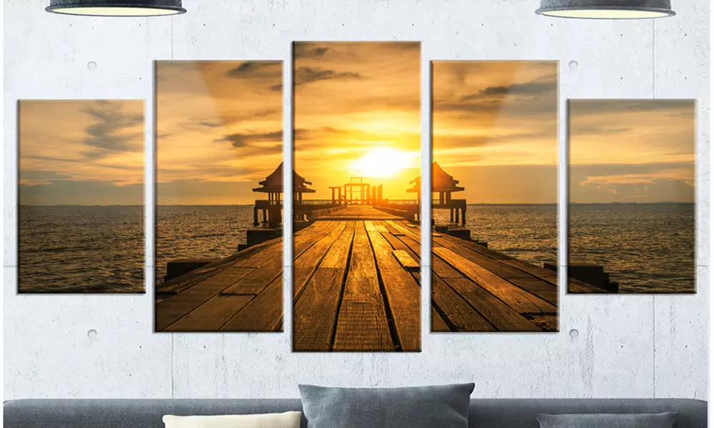 Huge Wooden Bridge to Illuminated Sky - Pier Seascape 5 Panel Metal Wall Art - Primary Image